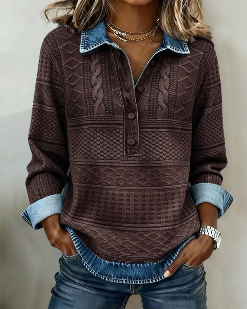 Dames Sweater met Polokraag, Knoopsluiting en Denim Details Bruin