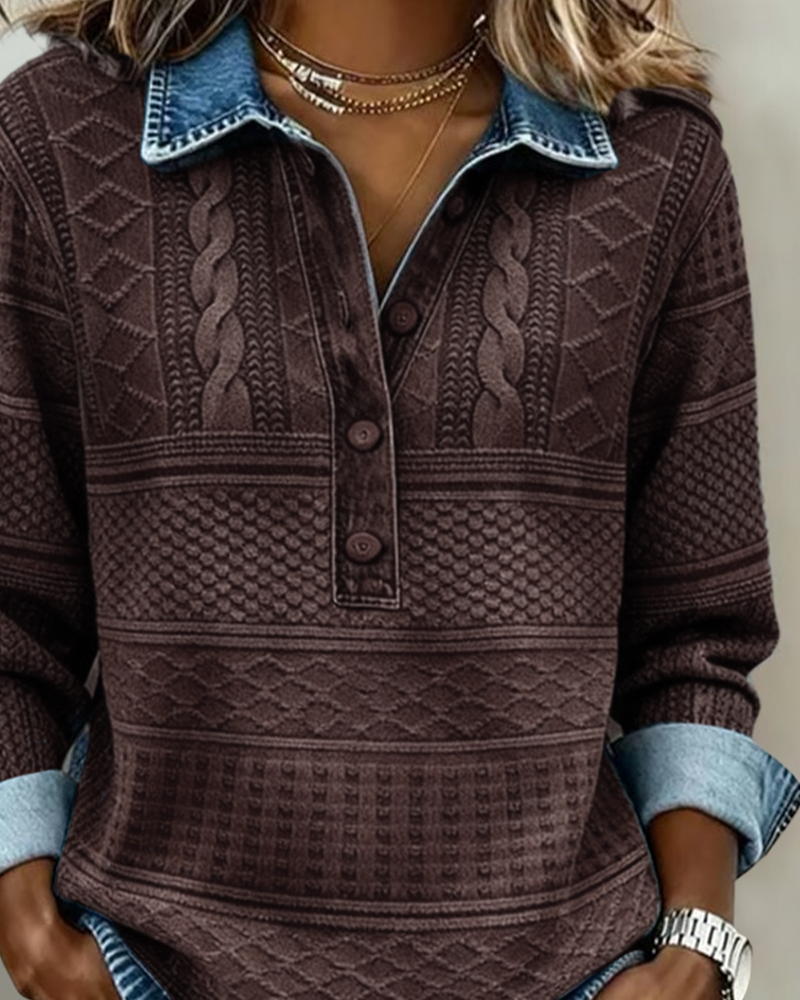 Dames Sweater met Polokraag, Knoopsluiting en Denim Details