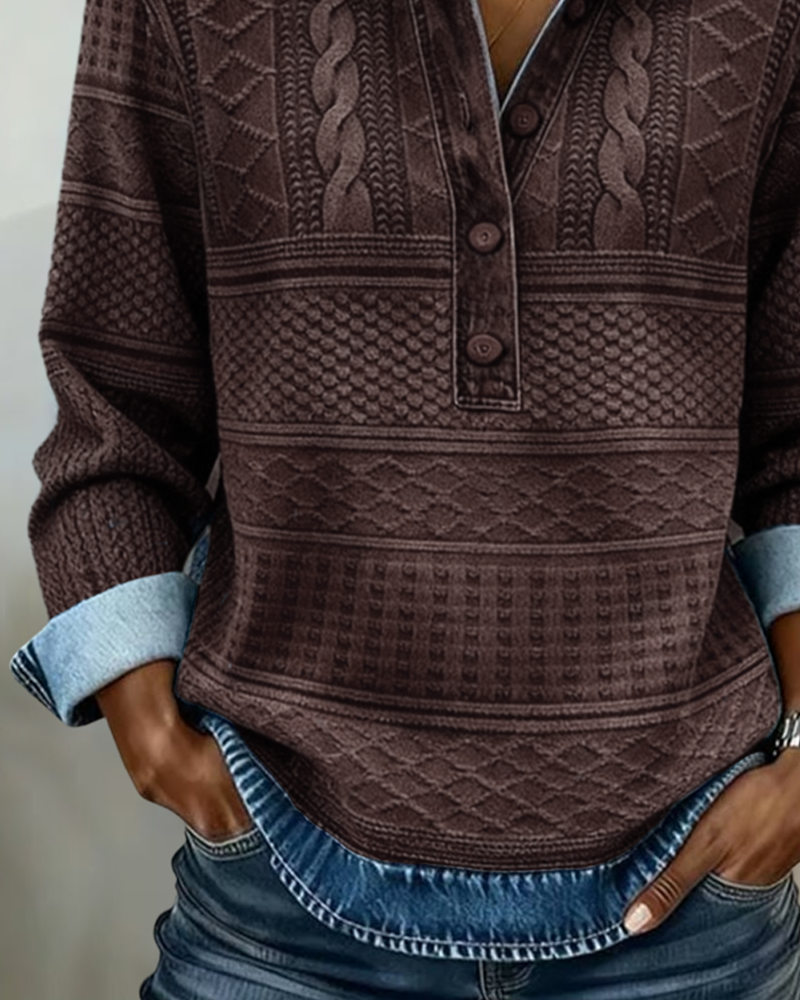 Dames Sweater met Polokraag, Knoopsluiting en Denim Details