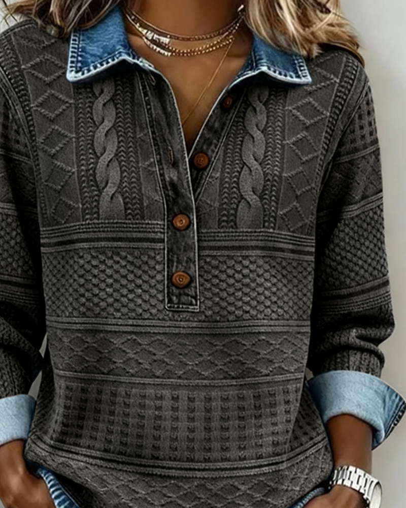 Dames Sweater met Polokraag, Knoopsluiting en Denim Details