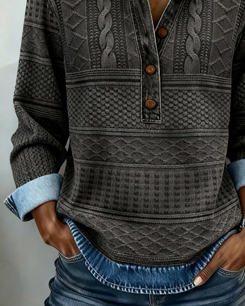 Dames Sweater met Polokraag, Knoopsluiting en Denim Details