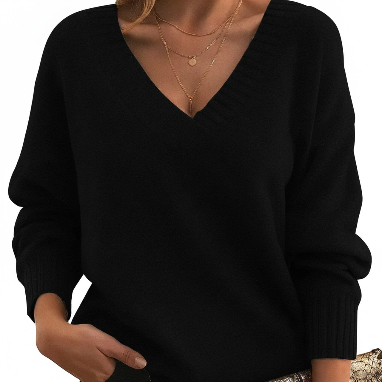 Dames Sweater met V-hals en Lange Mouwen en Geribbelde Boorden