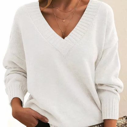 Dames Sweater met V-hals en Lange Mouwen en Geribbelde Boorden Wit