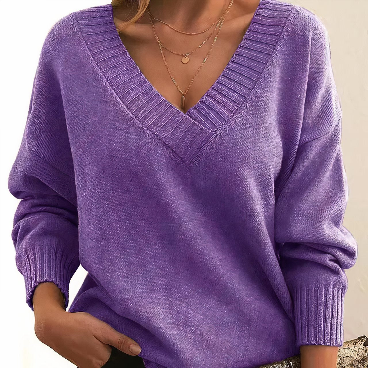 Dames Sweater met V-hals en Lange Mouwen en Geribbelde Boorden Paars