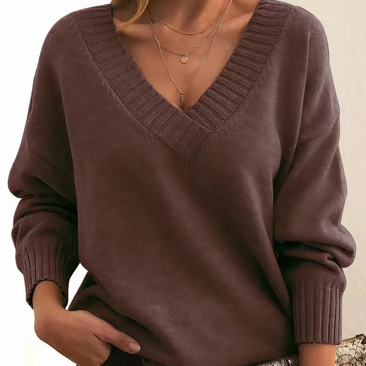 Dames Sweater met V-hals en Lange Mouwen en Geribbelde Boorden Bruin
