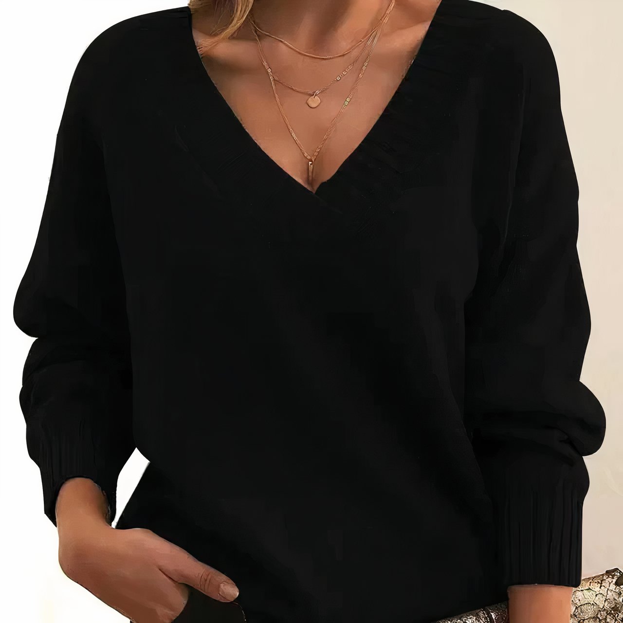 Dames Sweater met V-hals en Lange Mouwen en Geribbelde Boorden Zwart
