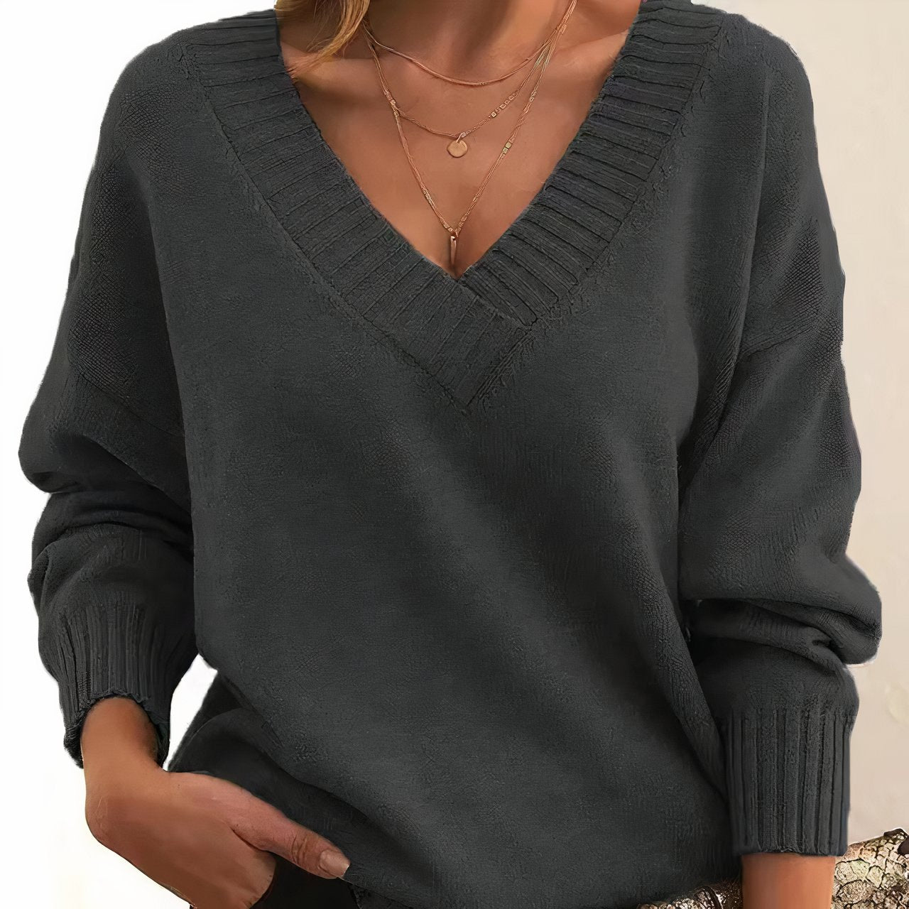 Dames Sweater met V-hals en Lange Mouwen en Geribbelde Boorden Donkergrijs