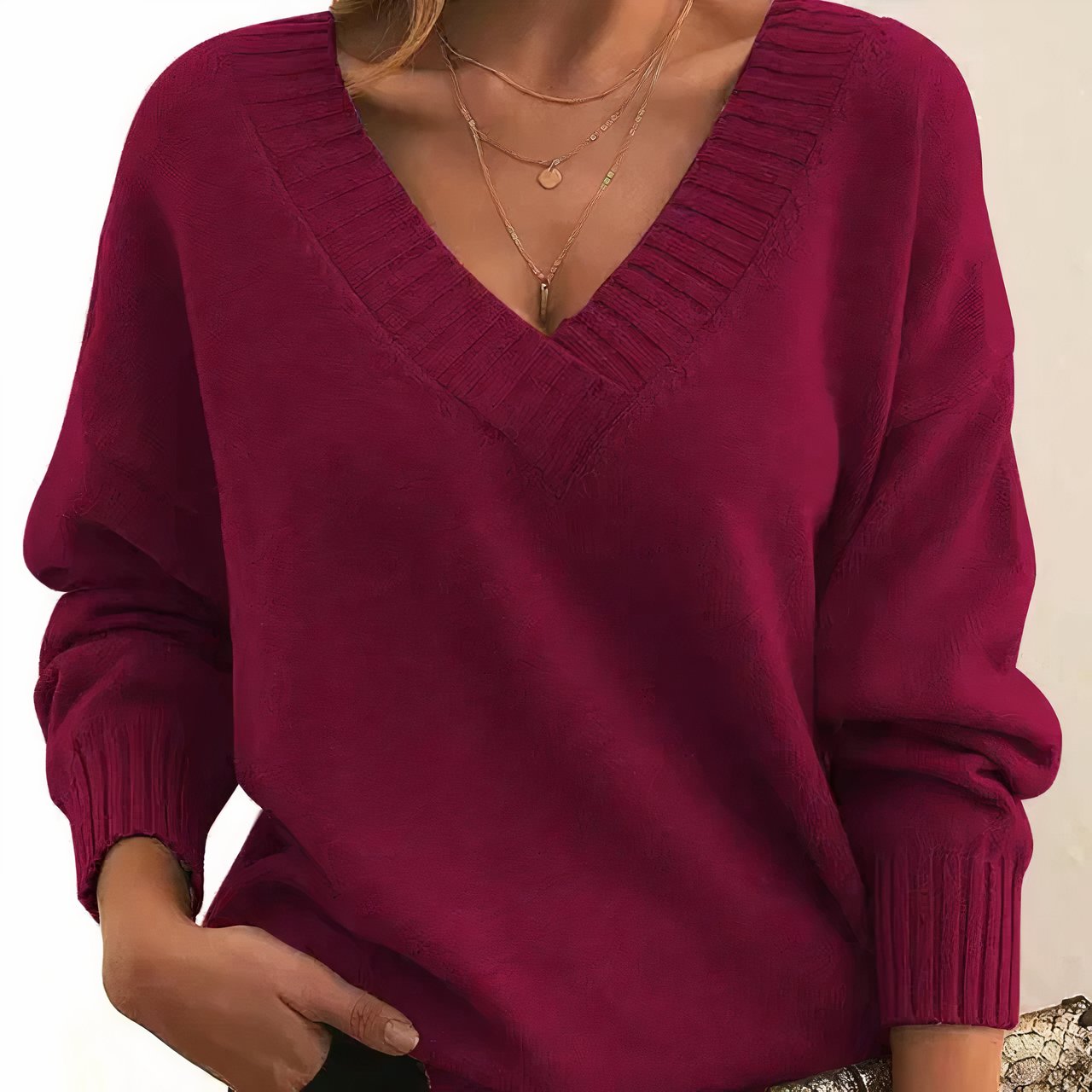 Dames Sweater met V-hals en Lange Mouwen en Geribbelde Boorden Rood