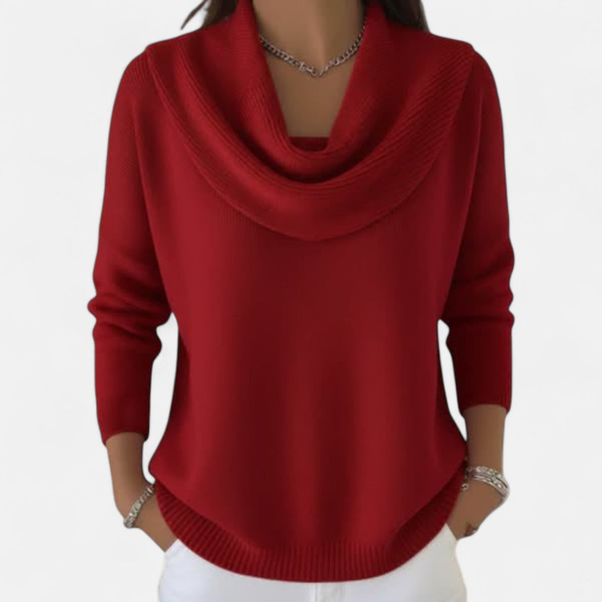 Dames Sweater met Waterval Kraag en Driekwart Mouwen Rood