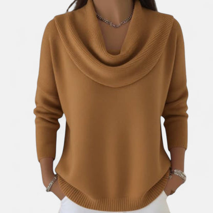 Dames Sweater met Waterval Kraag en Driekwart Mouwen Bruin