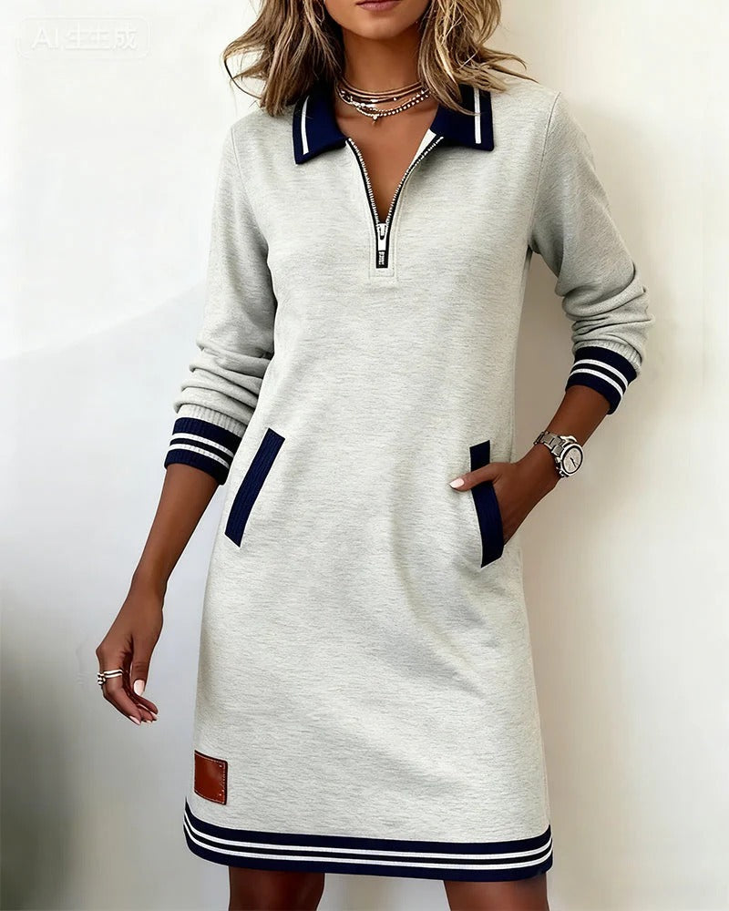 Dames Sweaterjurk Lange Mouw met Polokraag en Ritssluiting Grijs