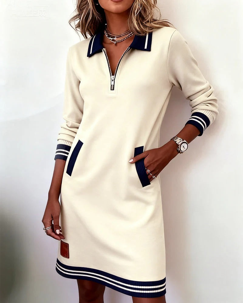 Dames Sweaterjurk Lange Mouw met Polokraag en Ritssluiting Wit