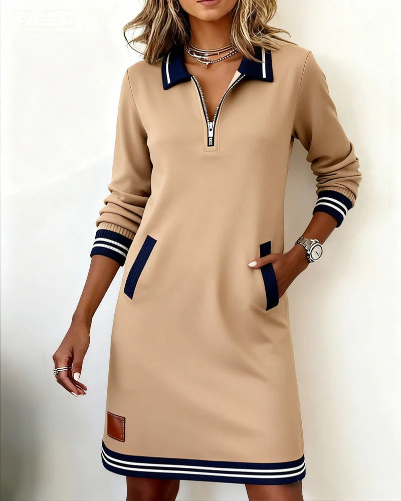 Dames Sweaterjurk Lange Mouw met Polokraag en Ritssluiting Beige