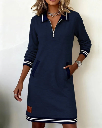 Dames Sweaterjurk Lange Mouw met Polokraag en Ritssluiting Marineblauw