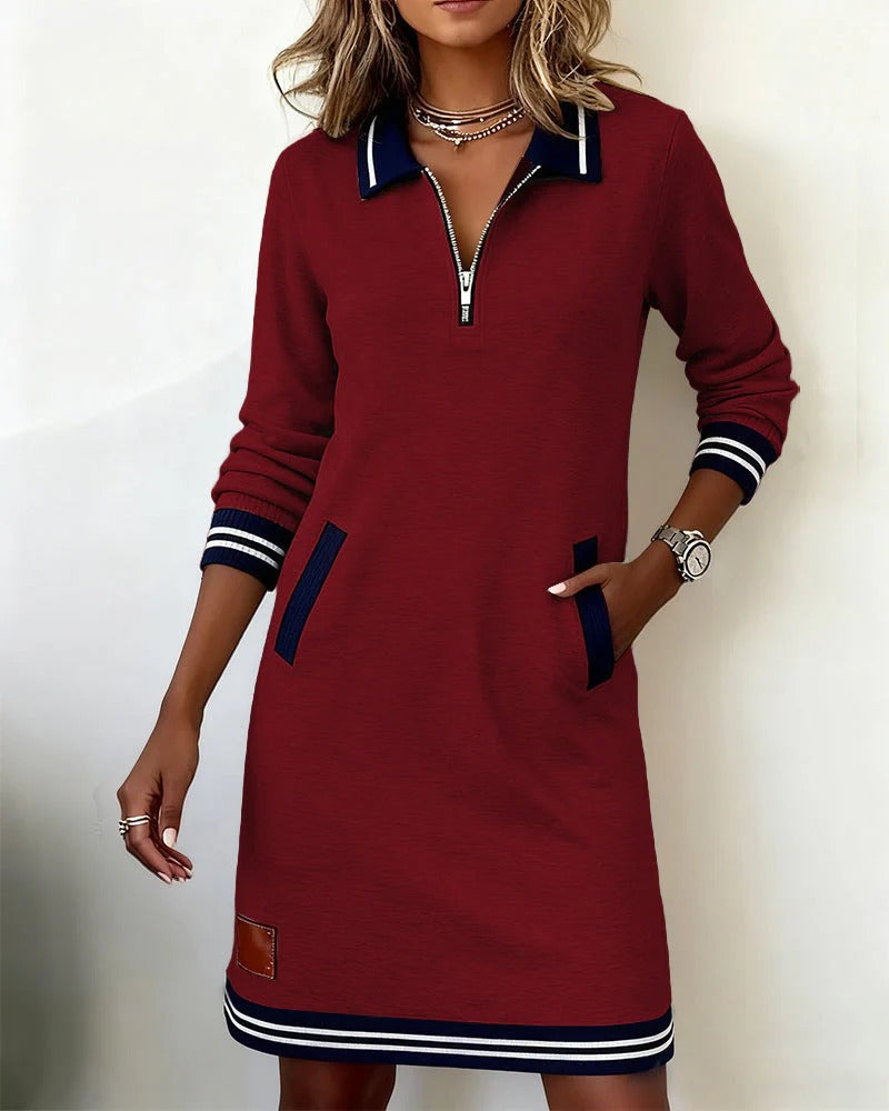 Dames Sweaterjurk Lange Mouw met Polokraag en Ritssluiting Rood
