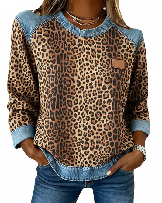Dames Sweatshirt Lange Mouw met Luipaardprint en Denim Details