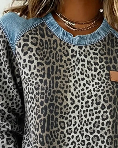 Dames Sweatshirt Lange Mouw met Luipaardprint en Denim Details