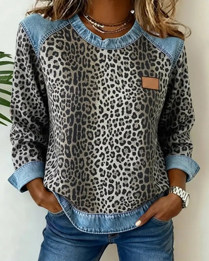 Dames Sweatshirt Lange Mouw met Luipaardprint en Denim Details Grijs
