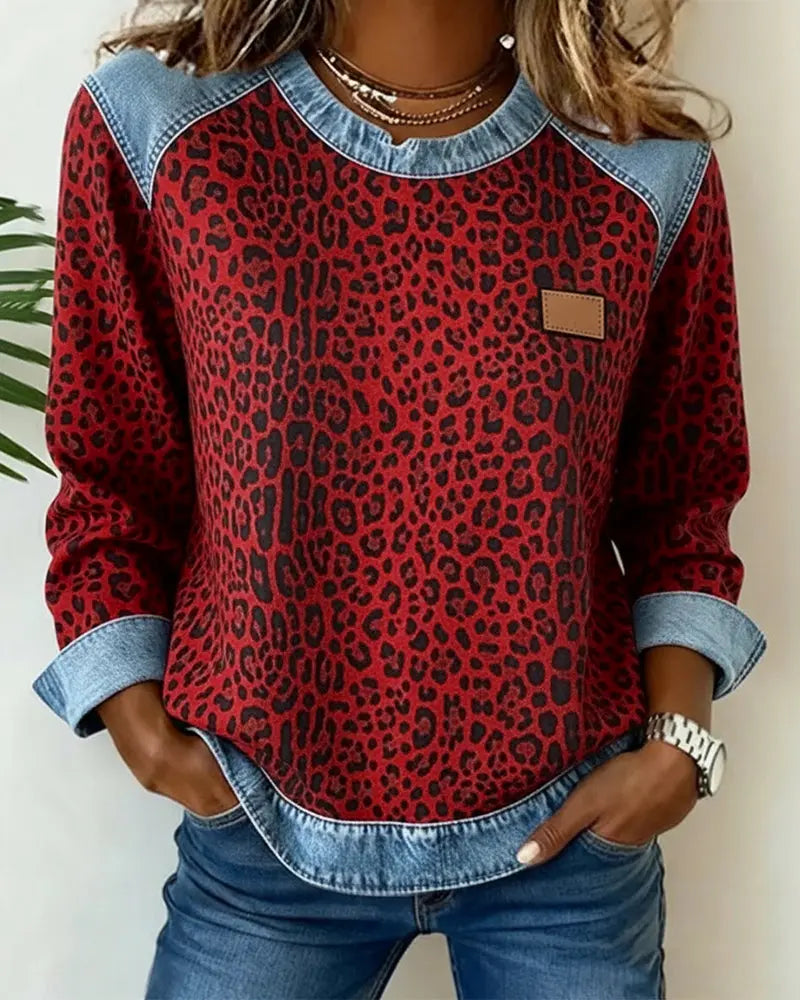 Dames Sweatshirt Lange Mouw met Luipaardprint en Denim Details Rood