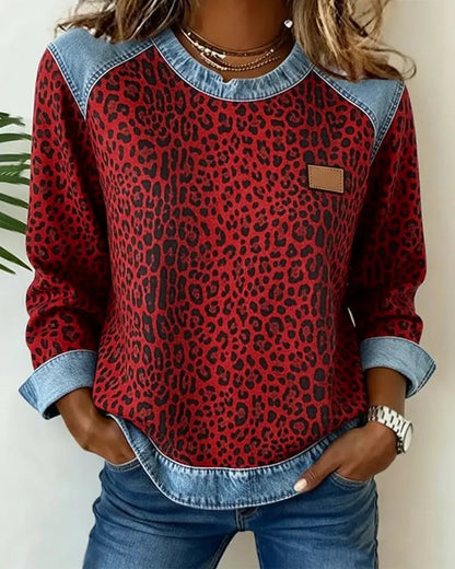 Dames Sweatshirt Lange Mouw met Luipaardprint en Denim Details Rood