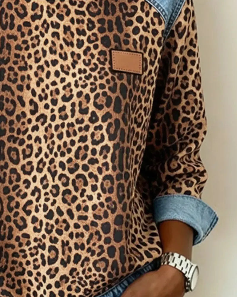 Dames Sweatshirt Lange Mouw met Luipaardprint en Denim Details