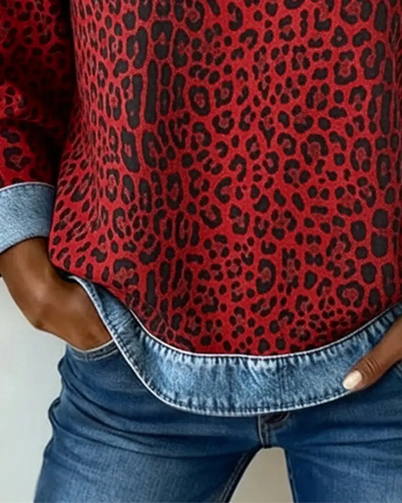 Dames Sweatshirt Lange Mouw met Luipaardprint en Denim Details