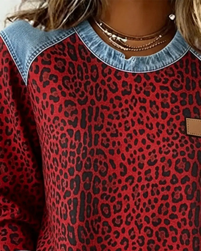 Dames Sweatshirt Lange Mouw met Luipaardprint en Denim Details