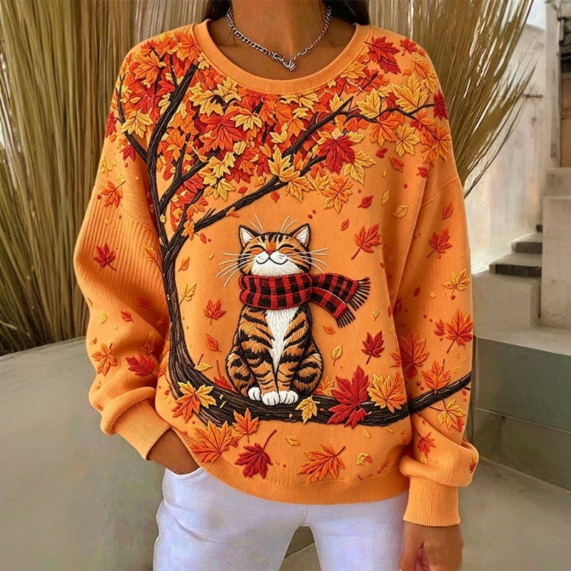 Dames Sweatshirt met Kattenprint en Herfstbladeren, Ronde Hals en Verlaagde Schouders