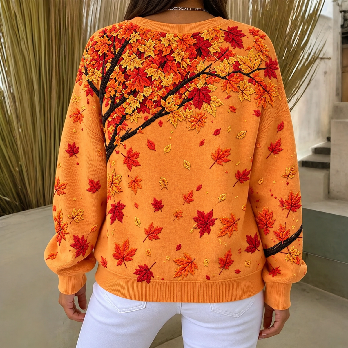 Dames Sweatshirt met Kattenprint en Herfstbladeren, Ronde Hals en Verlaagde Schouders