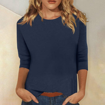 Dames T-shirt Driekwart Mouw met Ronde Hals en Regular Fit Marineblauw