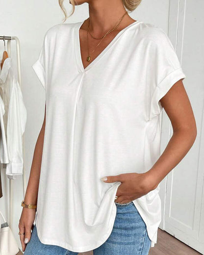 Dames T-shirt Korte Mouw met V-hals en Geplooide Rug