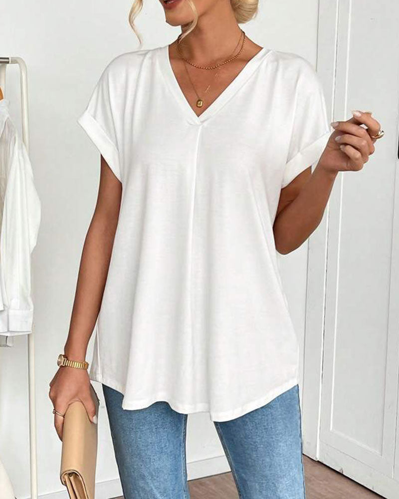 Dames T-shirt Korte Mouw met V-hals en Geplooide Rug