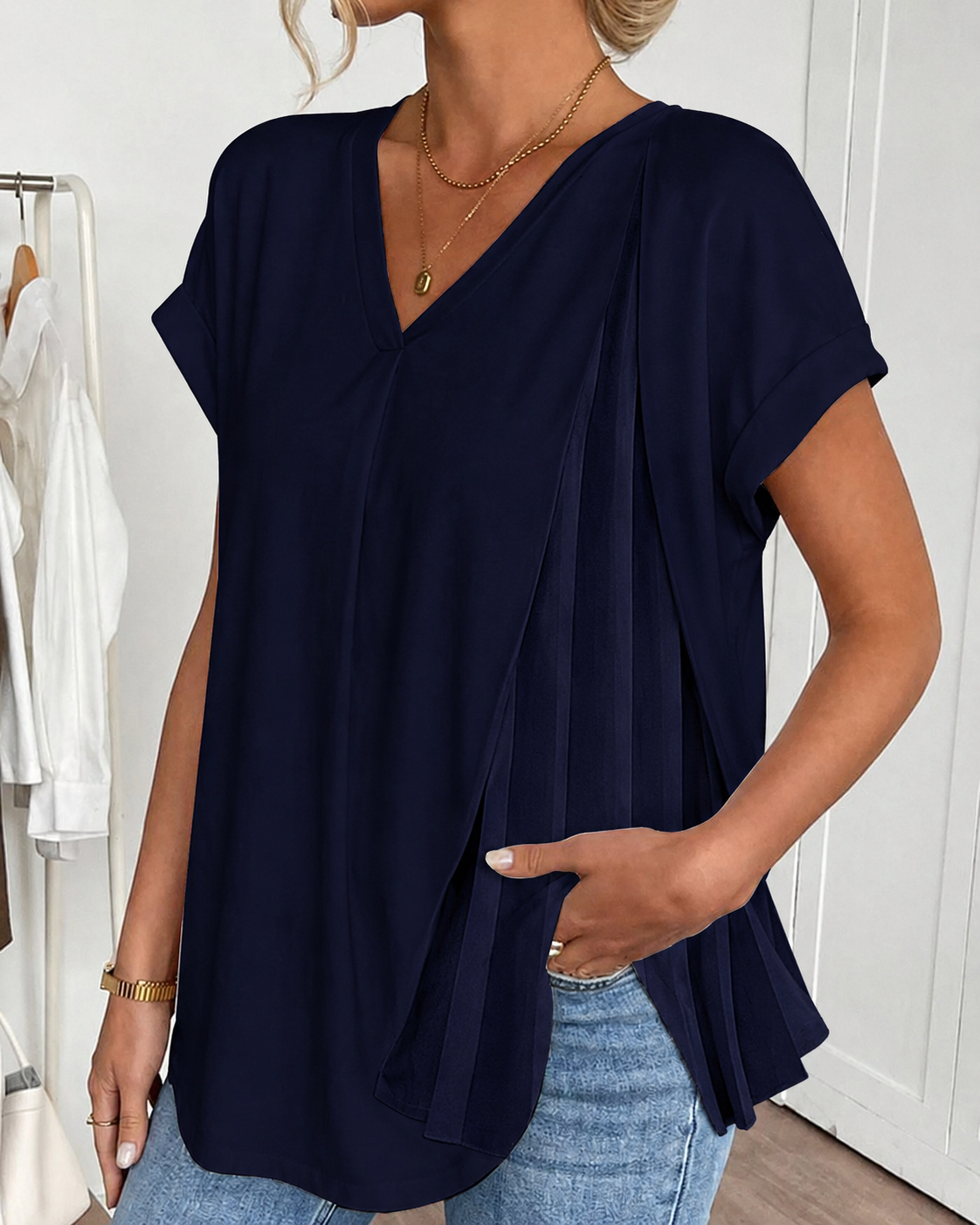 Dames T-shirt Korte Mouw met V-hals en Geplooide Rug