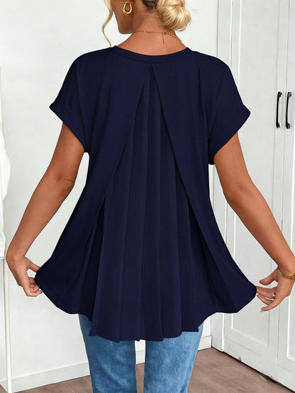 Dames T-shirt Korte Mouw met V-hals en Geplooide Rug Marine