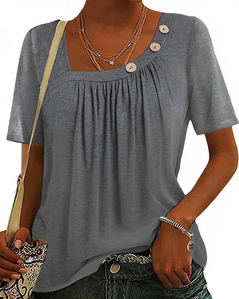 Dames T-shirt Korte Mouw met Vierkante Hals en Plooien