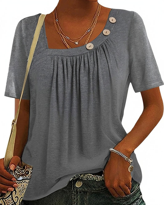 Dames T-shirt Korte Mouw met Vierkante Hals en Plooien