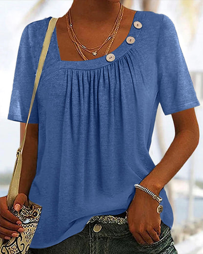 Dames T-shirt Korte Mouw met Vierkante Hals en Plooien Blauw