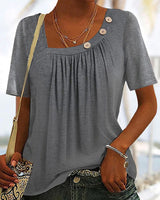 Dames T-shirt Korte Mouw met Vierkante Hals en Plooien