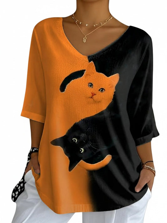 Dames T-Shirt met Korte Mouw, V-hals en Kattenprint