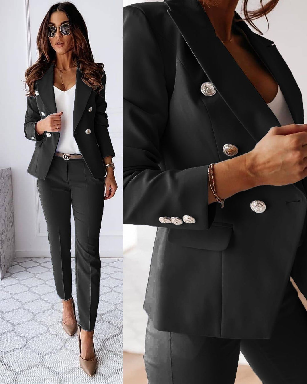 Dames Tailleur Set met Dubbele Knopen Slim Fit Blazer en Lange Broek Zwart