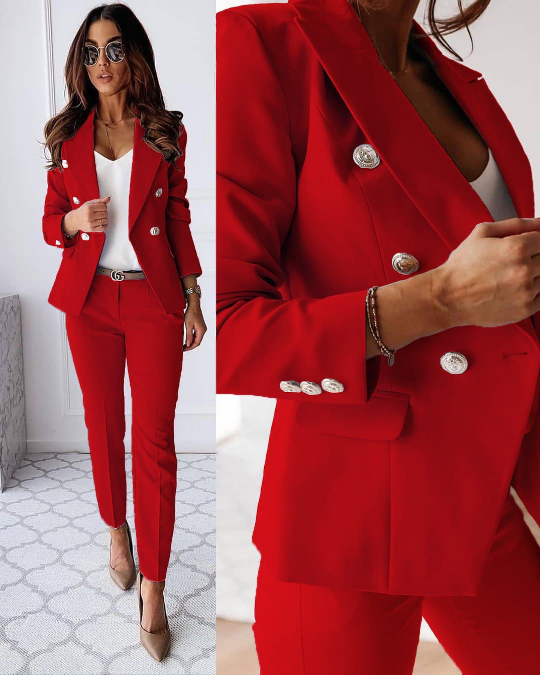 Dames Tailleur Set met Dubbele Knopen Slim Fit Blazer en Lange Broek Rood