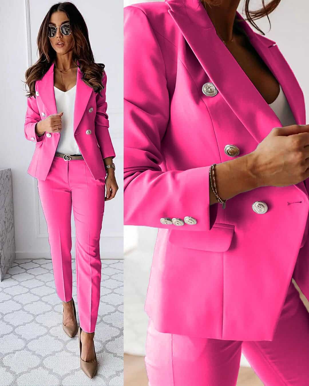 Dames Tailleur Set met Dubbele Knopen Slim Fit Blazer en Lange Broek Roze