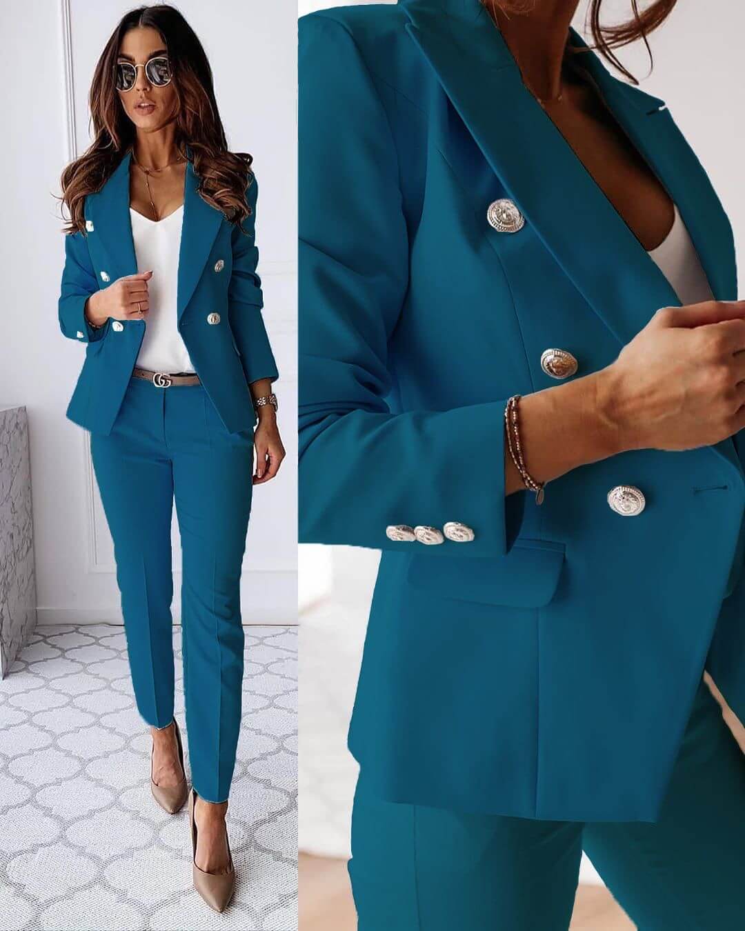 Dames Tailleur Set met Dubbele Knopen Slim Fit Blazer en Lange Broek Petrol