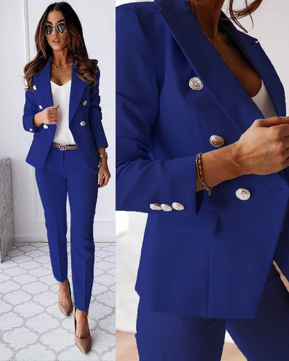 Dames Tailleur Set met Dubbele Knopen Slim Fit Blazer en Lange Broek Blauw