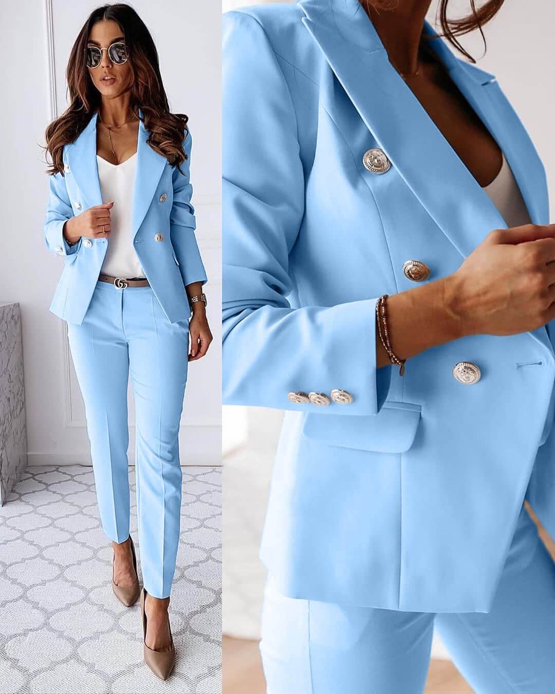 Dames Tailleur Set met Dubbele Knopen Slim Fit Blazer en Lange Broek Lichtblauw