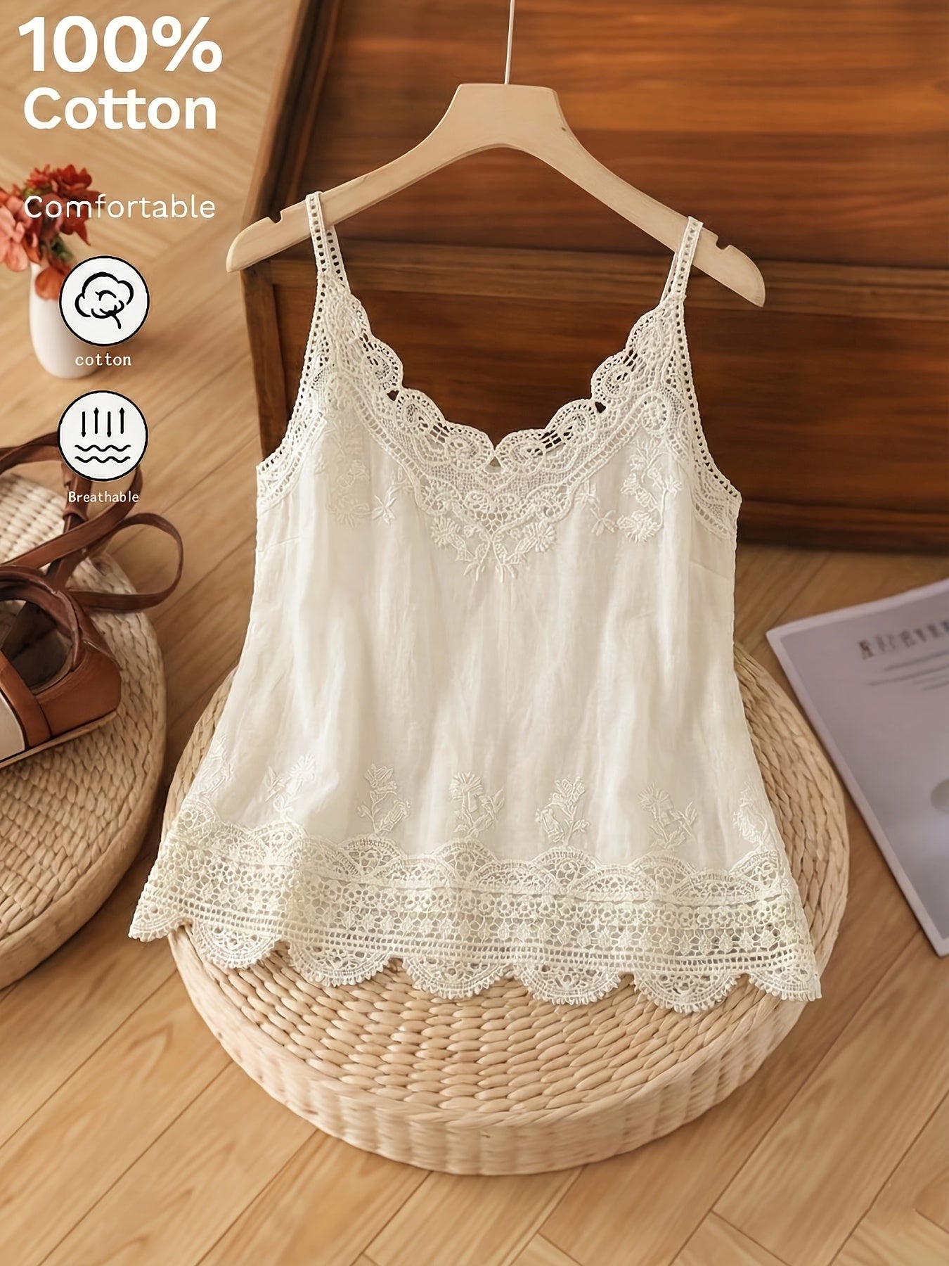 Dames Tank Top met Kanten Rand en Borduursel, V-hals en Spaghettibandjes