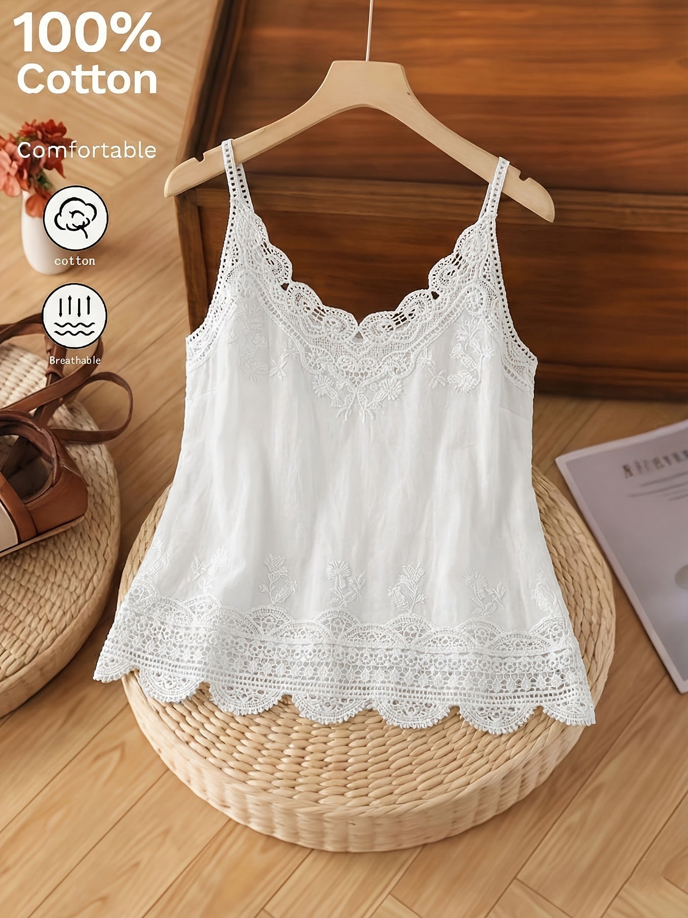 Dames Tank Top met Kanten Rand en Borduursel, V-hals en Spaghettibandjes