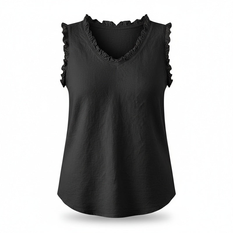 Dames Tank Top Mouwloos met V-hals en Gerafelde Details Zwart
