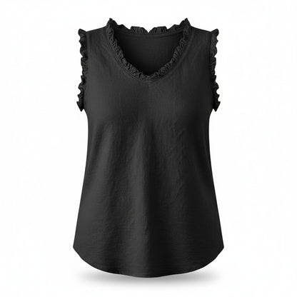 Dames Tank Top Mouwloos met V-hals en Gerafelde Details Zwart