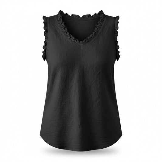 Dames Tank Top Mouwloos met V-hals en Gerafelde Details Zwart